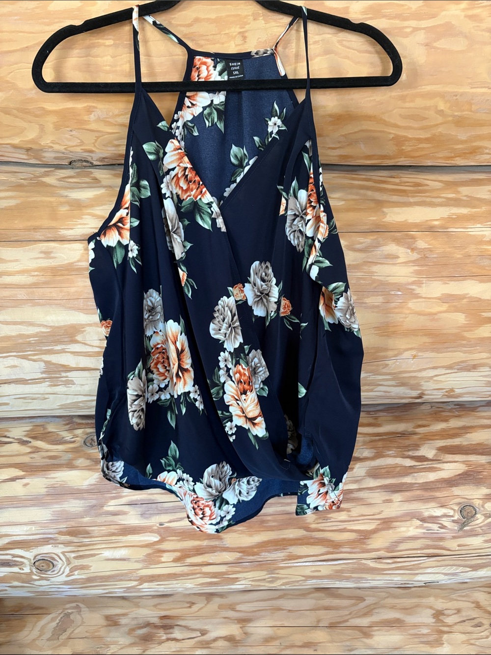 SHEIN Navy Floral Wrap Cami with Orange & Cream Blooms